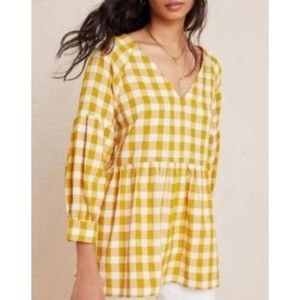 Mustard Gingham Plaid Maeve Anthropologie Flowy Blouse